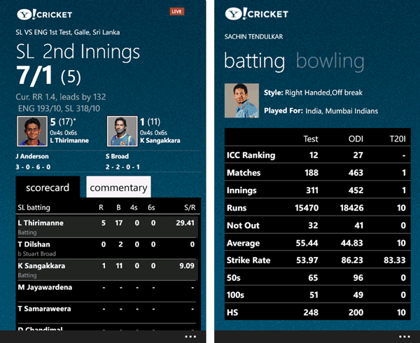 Yahoo Cricket App Interface