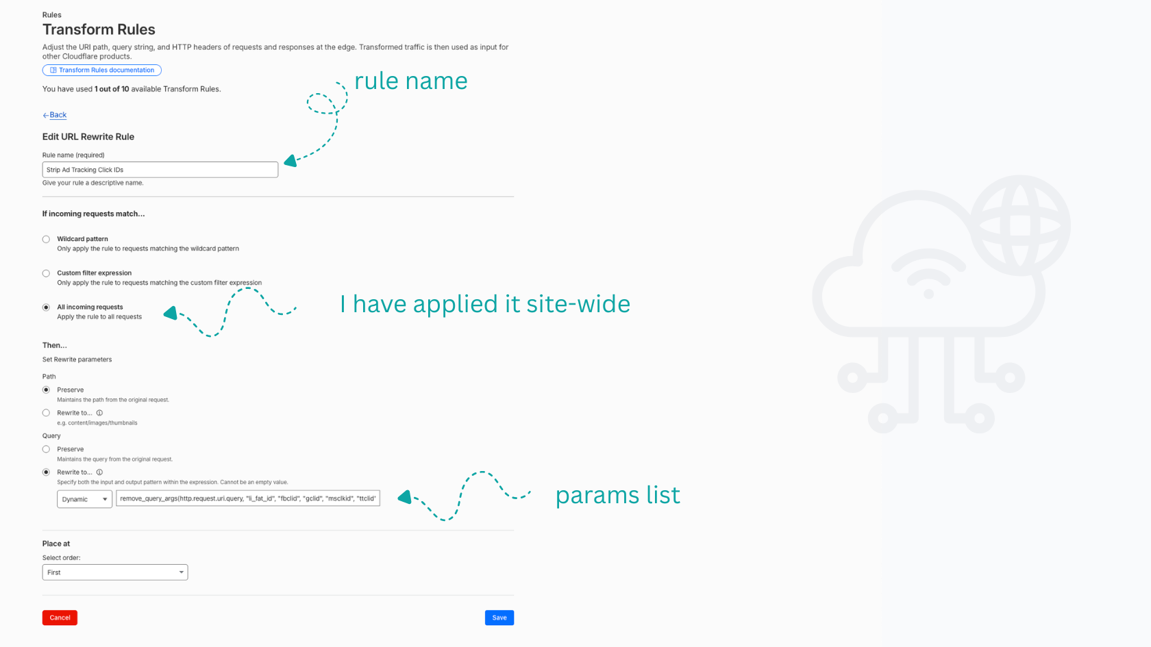 Configuring the Strip Ad Tracking Click IDs Transform Rule in Cloudflare